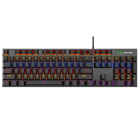 Mechanical Gaming Keyboard, 104 Keys, RGB Flowing Light Effect, USB Wired, Cyan Switches, 9 LED Modes