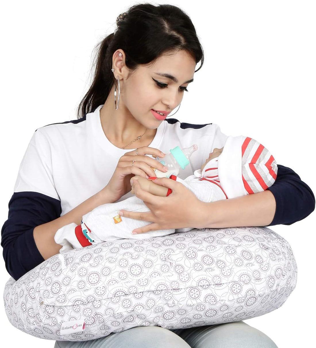 Mom Nursing and Feeding Pillow Multi-Purpose Comfortable Breastfeeding Washable with Removable Cotton Cover (Grey Limecut)