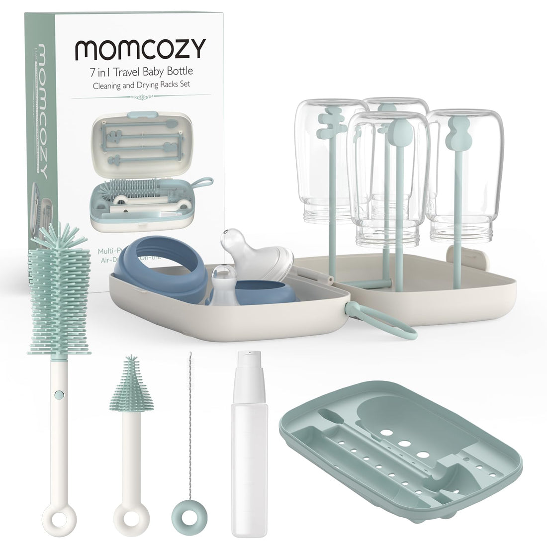 Momcozy 7 in 1 Baby Bottle Brush Set - Complete Bottle Cleaning Kit with Silicone Brush, Brush, Straw Brush, Soap Dispenser, and Drying Rack - Ideal for Home and Travel