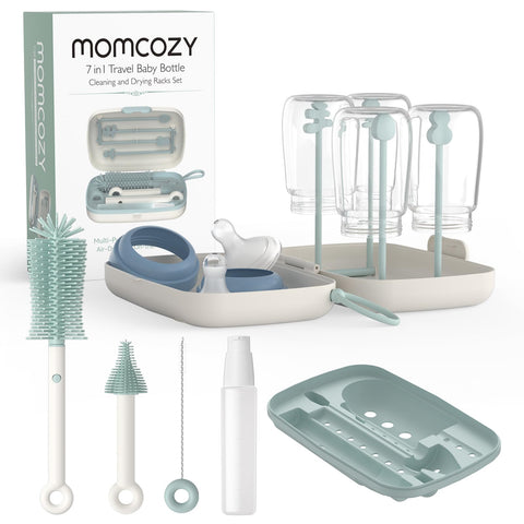 Momcozy 7 in 1 Baby Bottle Brush Set - Complete Bottle Cleaning Kit with Silicone Brush, Brush, Straw Brush, Soap Dispenser, and Drying Rack - Ideal for Home and Travel