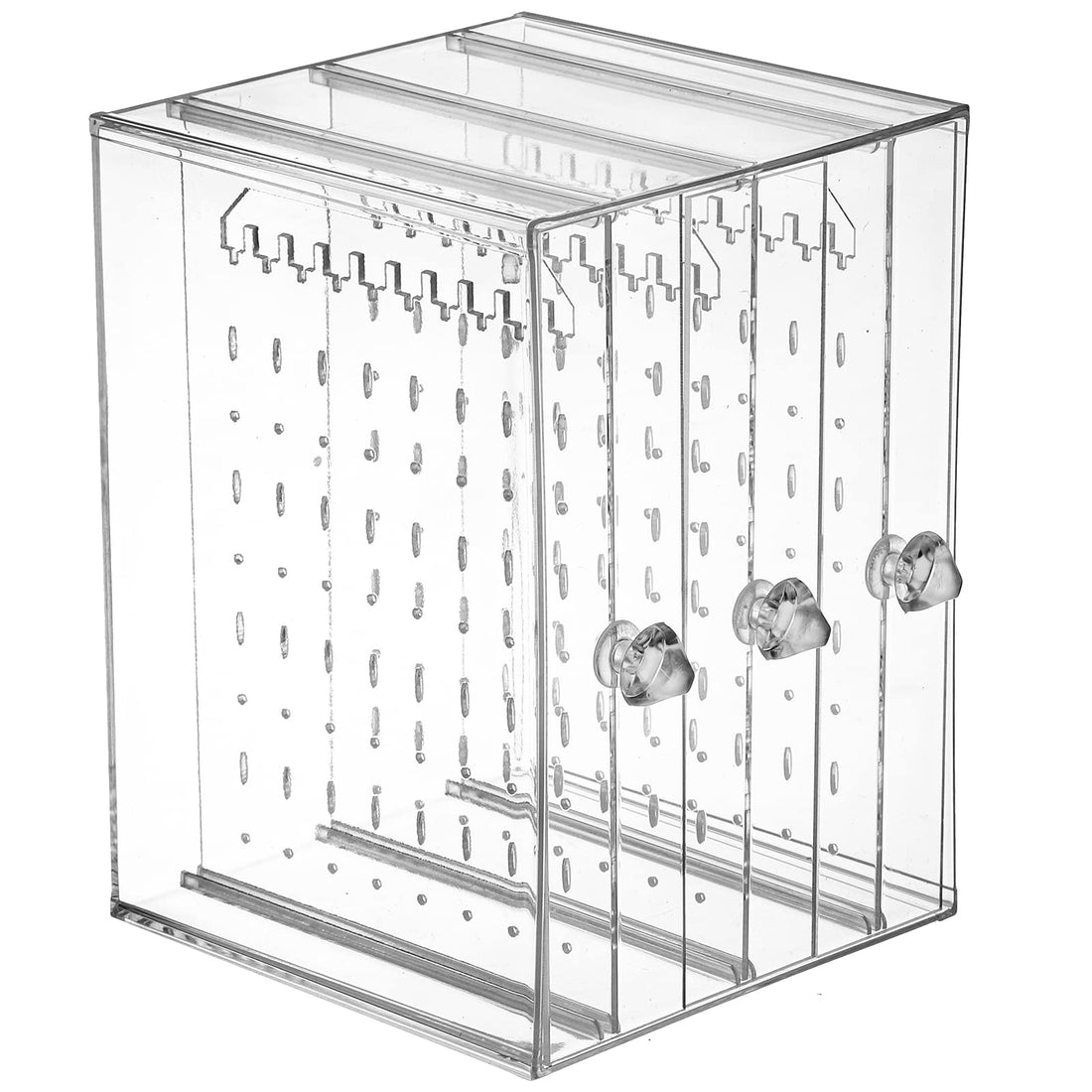 BEST MEDIA Acrylic Jewelry Storage Box with 3 Vertical Drawers, a Transparent Earring Display Stand & Hanger for Studs, and Necklaces- 192 Holds - Modern - 1 Piece - Transparent