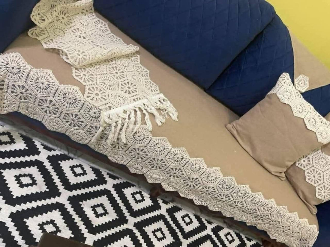 10-Piece Linen Sofa Cover Set with Floral Border, Beige, Large Sofa 195x90cm, Medium Sofa 145x90cm, 2 Chairs, 6 Backrests .flo (cafe)