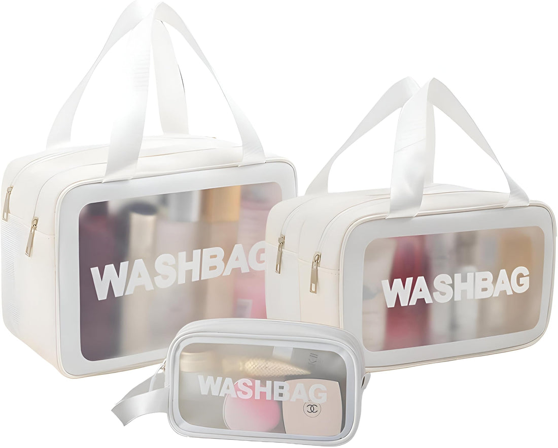 Travel Makeup Bag Set - Transparent 3-piece waterproof toiletry kit with zippered wet-dry compartments and reinforced handles for durability.