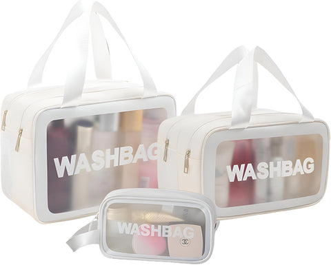 Travel Makeup Bag Set - Transparent 3-piece waterproof toiletry kit with zippered wet-dry compartments and reinforced handles for durability.