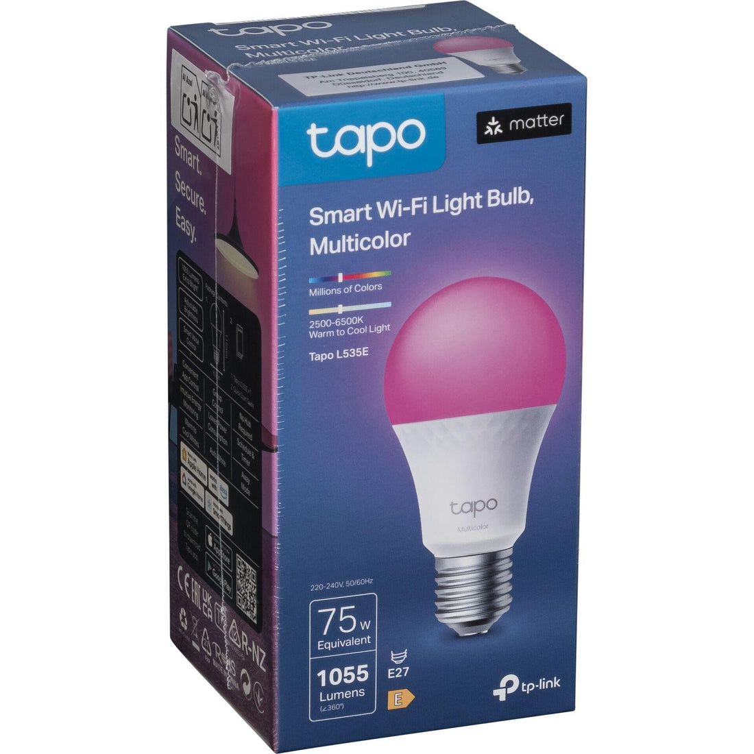 Tapo TP-Link L535E Matter Wi-Fi LED Smart Bulb Multicolour E27 8.6W Energy Monitoring Works with Apple HomeKits, Amazon Alexa and Google Home Colour Changable, No Hub Required