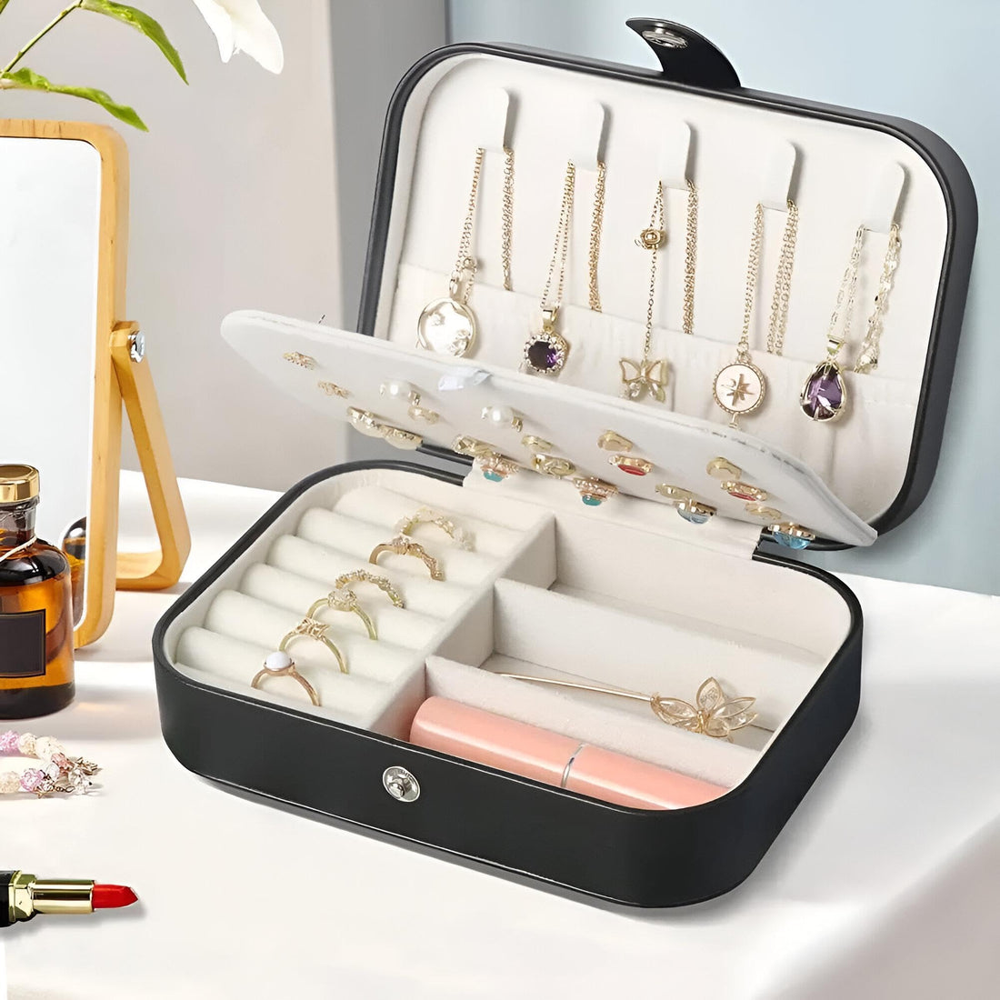 Dollar for Improt Travel Jewelry Box, Small Leather Jewelry Organizer for Women Girls, 3 Layer Jewelry Holder with Hooks, Portable Storage Boxes for Earrings, Rings, Bracelets (Black)