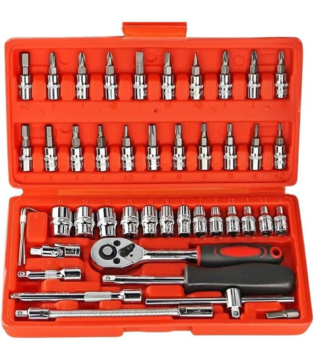 46 Piece Tool Kit 1/4" Socket Set with Ratchet Wrench For Car, Bike, Cycle Repairing, DIY Projects, Home & Automobile 46 pc socket set 1/4" Square Drive Metric Socket & Bit Set. (CRV) Red