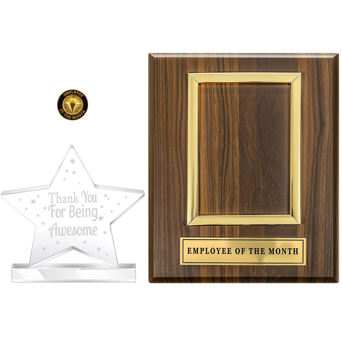Beeveer 3 Pcs Employee of the Month Award Set, Acrylic Trophy with Thank You for Being Awesome, Photo Medal Frame Holds 4"x6" Photo, Enameled Lapel Pin, Employee Appreciation Gifts for Recognition