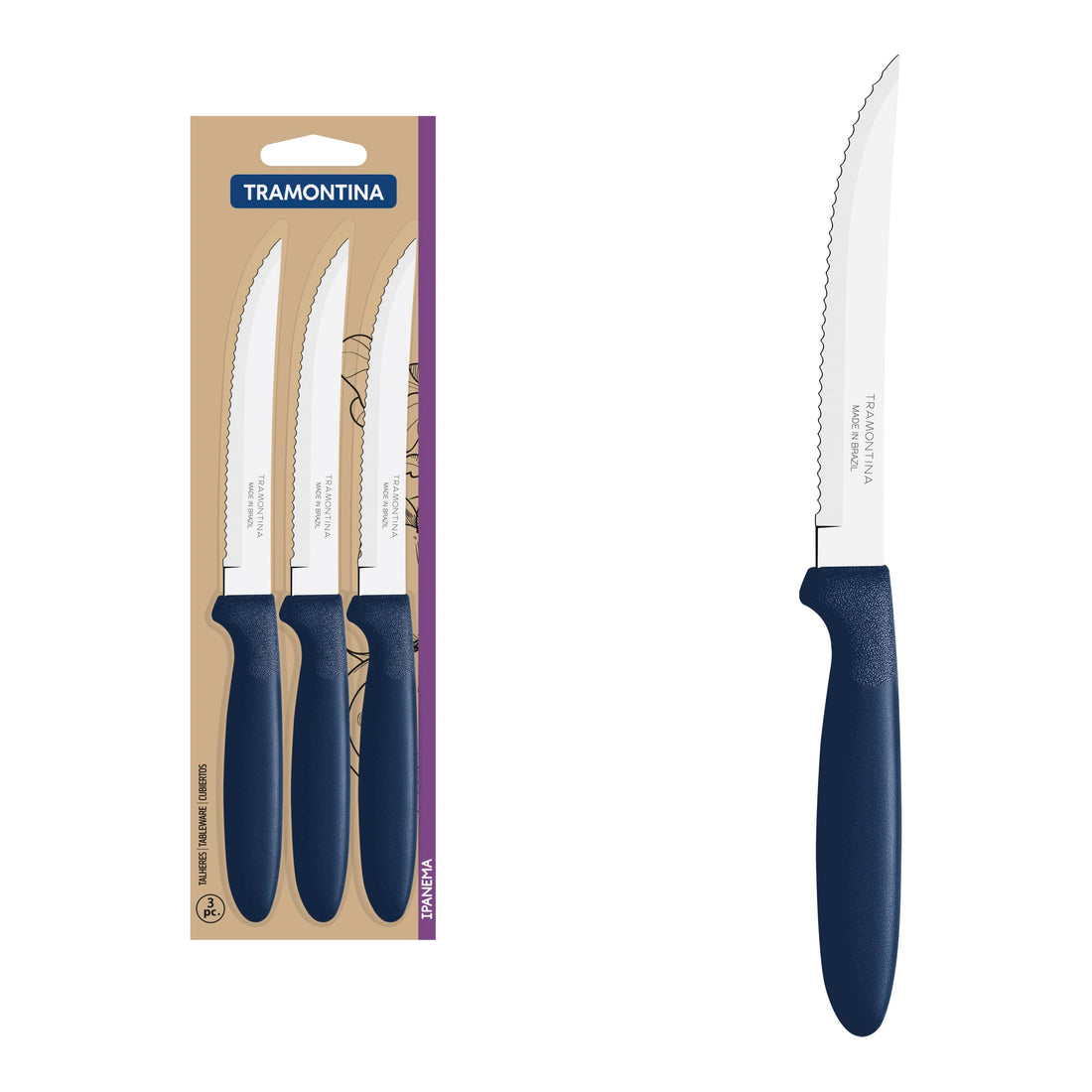 TRAMONTINA Set, Premium Set Designed for Everyday Use (Ipanema, BBQ Knife Set, 3-Piece, Polypropylene, Blue, 8.4-Inch, Stainless Steel Finish, 3 BBQ Knives)