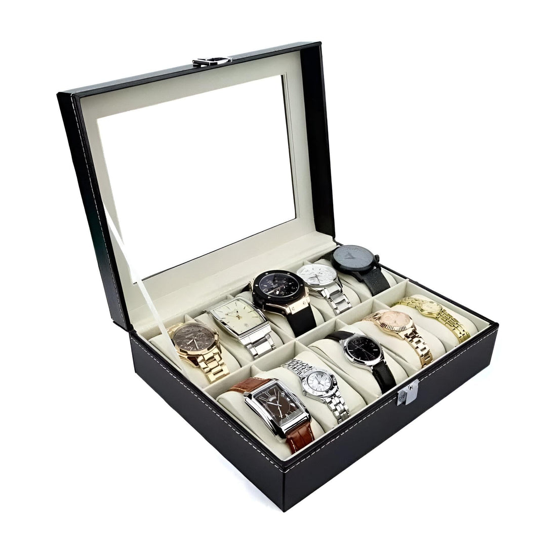 Display Watch Box - 10 Slot Organizer with Clear Glass Lid, High-Quality PU Leather Construction for Men and Women, Home and Retail Display Solution