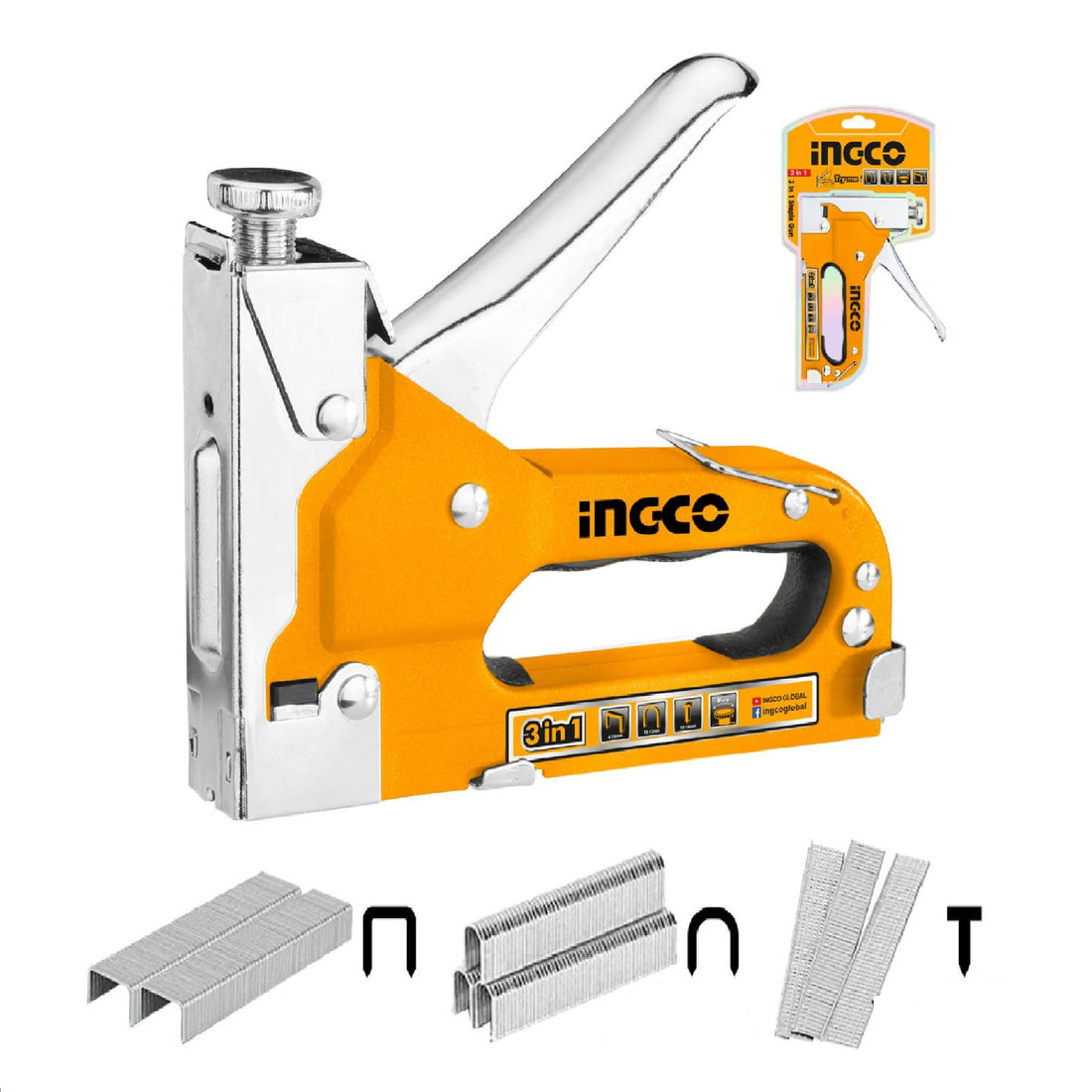 INGCO Stapler, 3 in 1 Nail Gun with 600 Staples, for Wood, Furniture