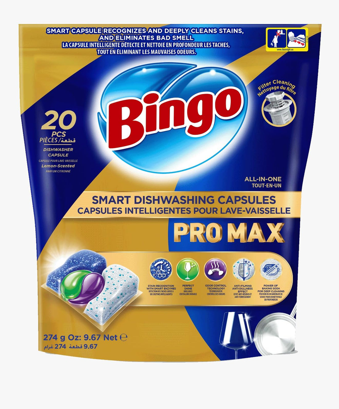 Bingo Smart Dishwashing Capsules, All in One, 20 Tablets, Stain Recognition with Smart Enzymes, Baking Soda Power, Odour Control