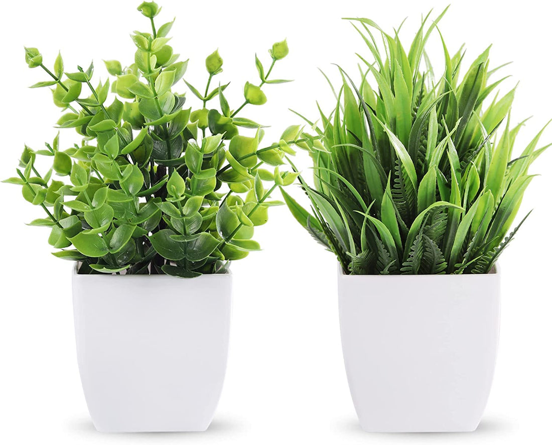 Dekorly Artificial Potted Plants, 2 Pack Artificial Plastic Eucalyptus Plants Small Indoor Potted Houseplants, Small Faux Plants for Home Decor Bathroom Office Farmhouse (Set 0F 2)