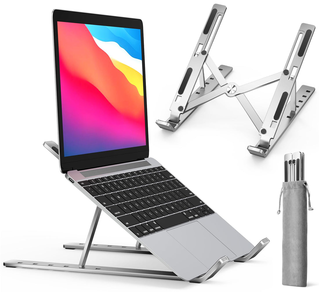 Ergonomic Aluminum Laptop Stand, Foldable Portable Riser with Adjustable Angles, Ventilated Holder for 25.4-39.6cm Laptops, Compatible with MacBook, Dell, HP, Silver Desktop Mount