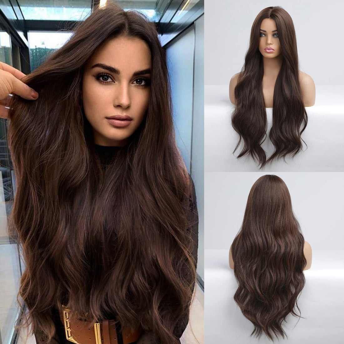 ECIF Long Dark Brown Wigs For Women, Synthetic Curly Hair Wig Middle Parting