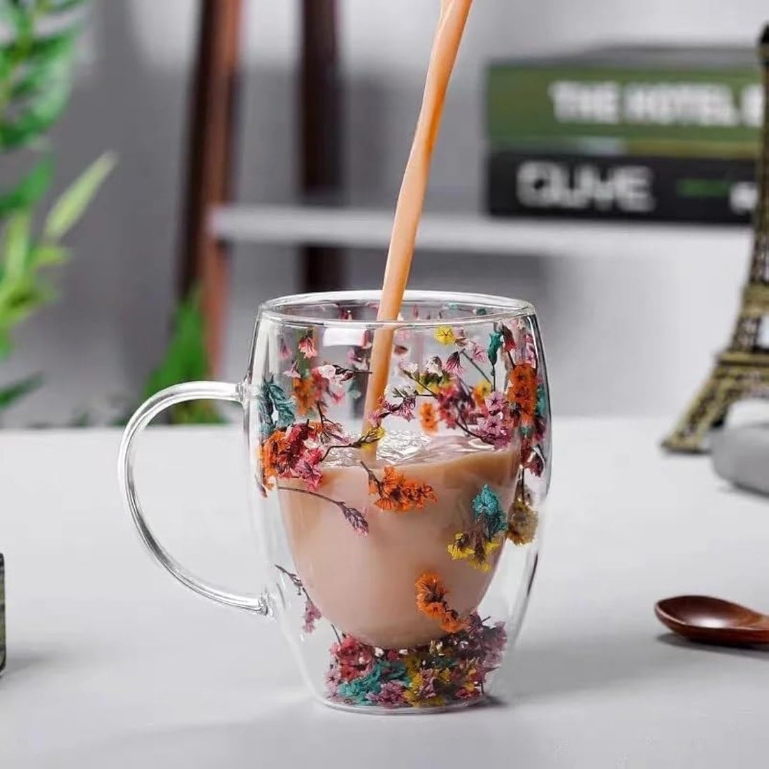 Dried flower double Wall Glass Coffee Cups with Handle Tea Cups Heat Resistant From FLAMINGO 350ml - مج وردة