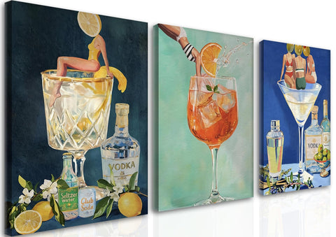 Vintage Cocktail Canvas Wall Art Set of 3, Retro Dirty Martini Bar Cart Wall Decor Paintings, Preppy Alcohol Aesthetic Posters Prints Pictures for Bar College Girls Apartment Dorm 12x16 Inch Framed