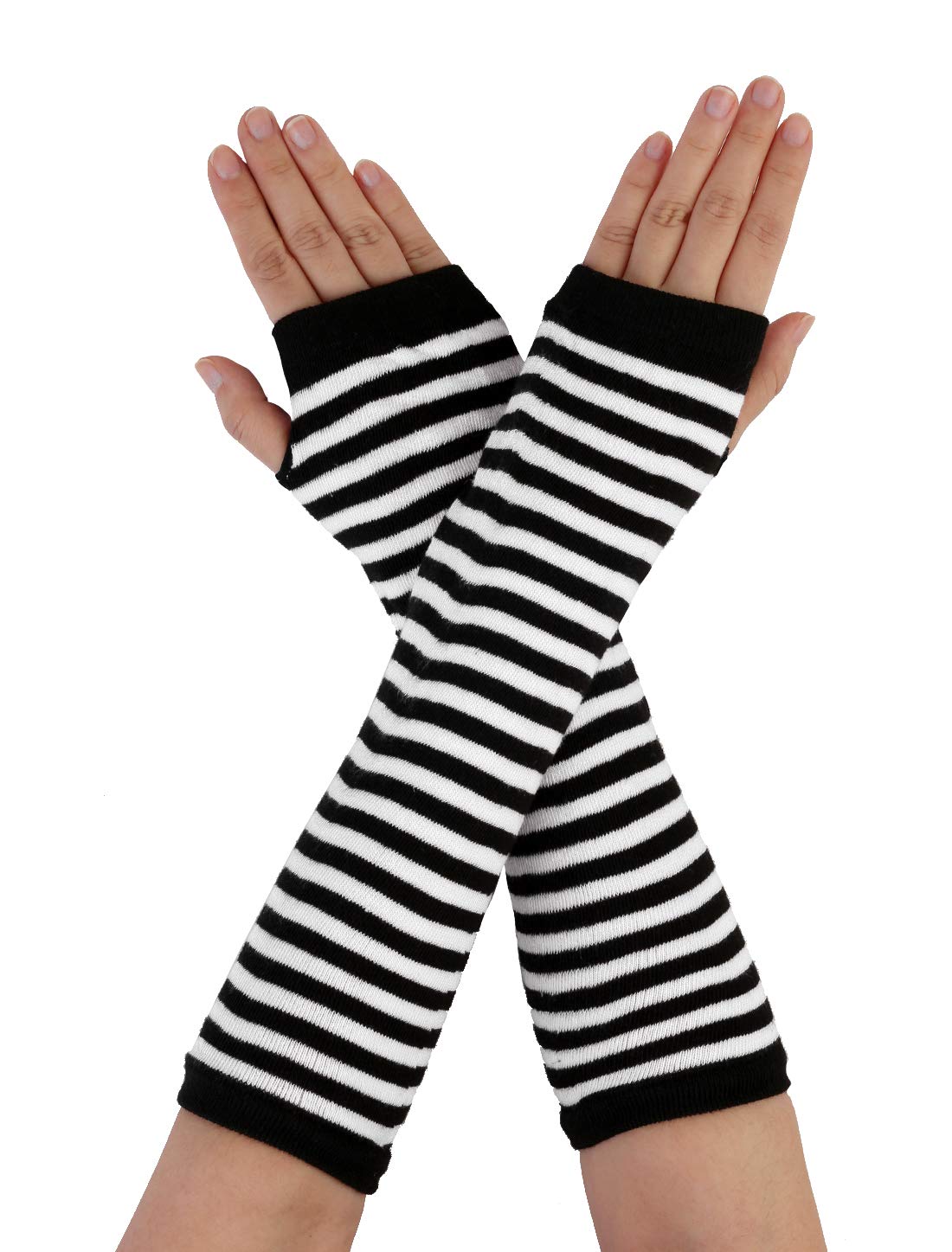 sourcing map Women's Black White Stripes Elastic Long Arm Warmer Gloves Fingerless Thumbhole Mitten