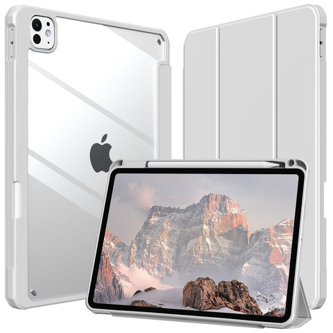 for iPad Pro 11 Inch Case M4(2024) 5th Gen, Clear Protective Smart Case with Auto Sleep Wake, Shock and Drop Protection, Supports Pencil Pro and Pencil(USB-C), Grey