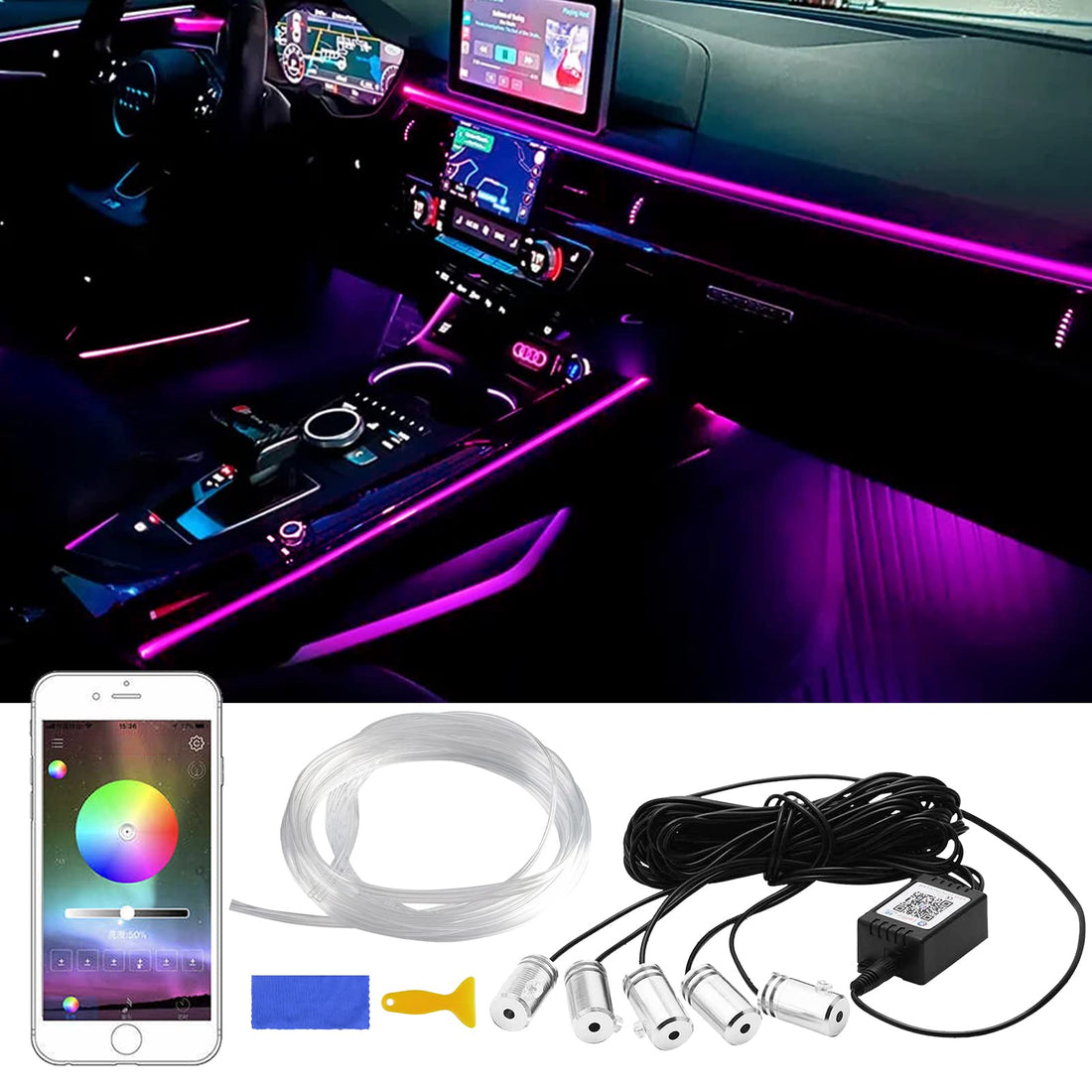 panthem Car LED Interior Strip Light, 5 in 1 16 Million Colors with 236 inches Fiber Optic, Multicolor RGB Sound Active Automobile Atmosphere Strip Ambient Lighting Kit Wireless Bluetooth APP Control
