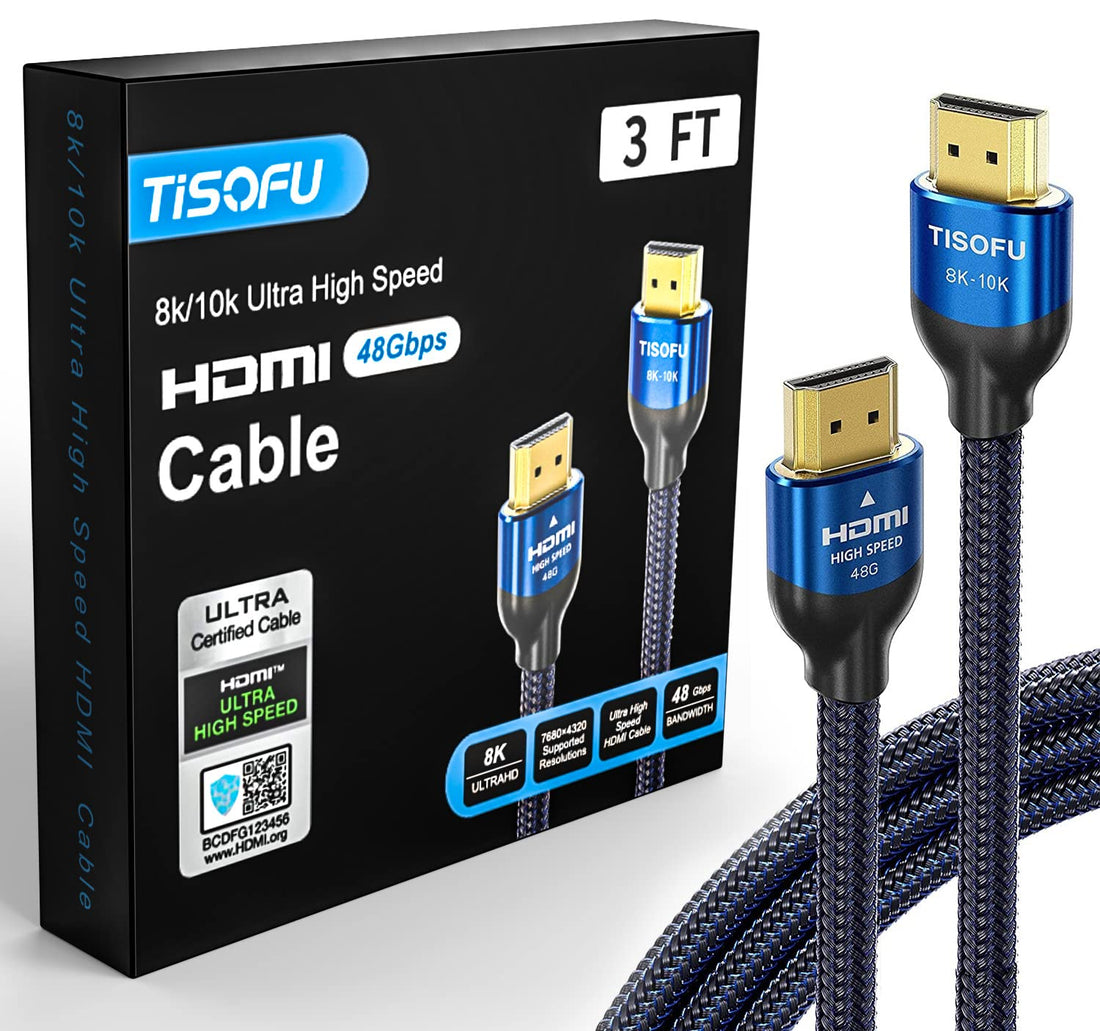 TISOFU [Ultra Certified] 8K HDMI Cable 3FT: HDMI 2.1 Cables 48Gbps High Speed Premium Braided Cord 8K@60Hz 4K@120Hz 4K@144Hz HDCP 2.2&2.3 CL3 ARC eARC Dolby - HD/HDR/HDTV/PS5/PS4/Xbox