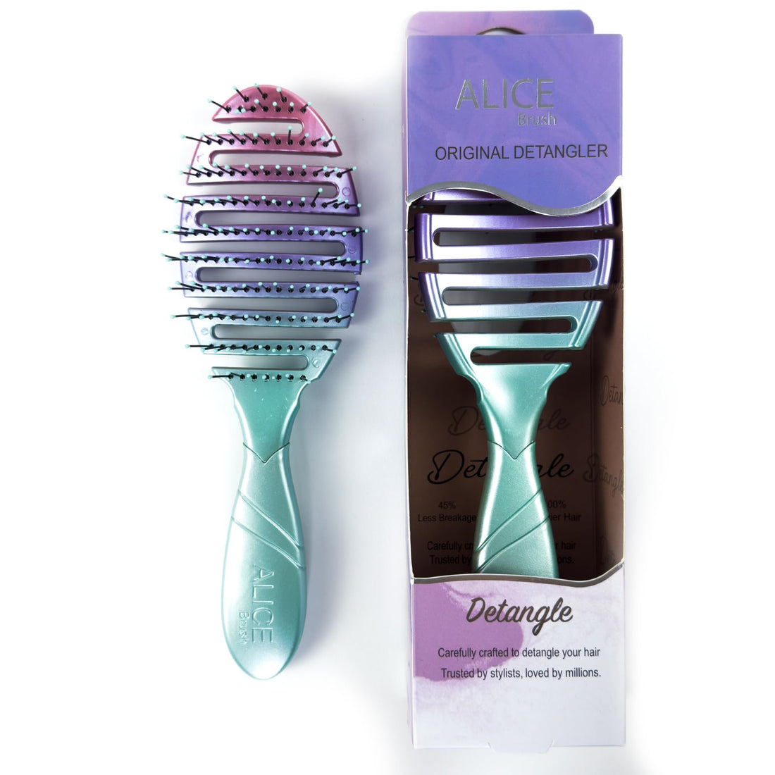 Alice Original Detangler Brush - Curved Ergonomic Design With Soft Flexible Bristles, Gradient Color, For Wet & Dry Hair (Pink, Purple & Mint Gradient)
