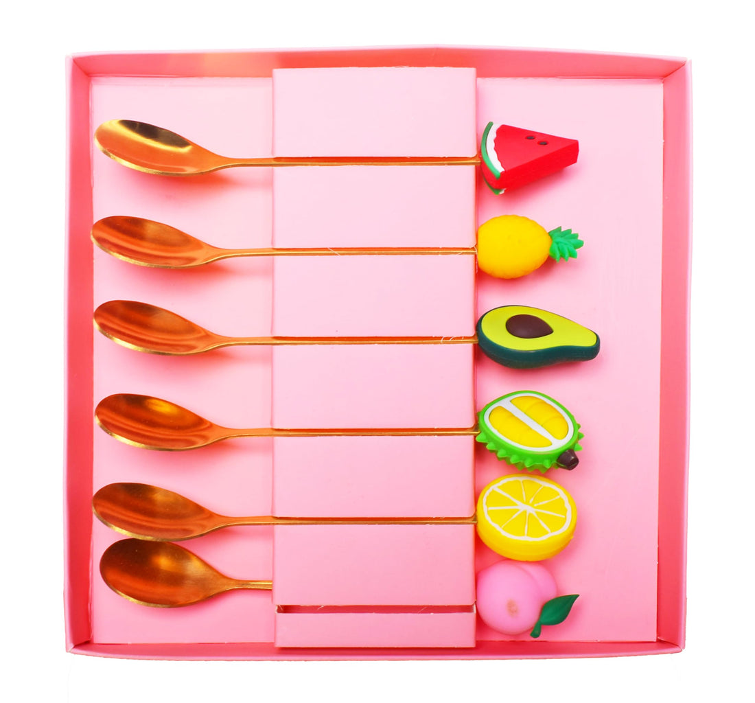 Dollar for Import Fruit Shape Stainless Steel Small Spoon Set, 6 Pieces - Gold-294