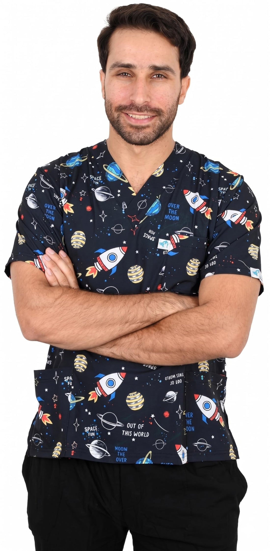 UNIVERSE Medical Scrub printed Hospital unisex-dental - Surgical scrubTop only -SHORT SLEEVE - Doctor Scrub -Medical Uniform طويل نص فقط نص كم -PEDO -DENTAL