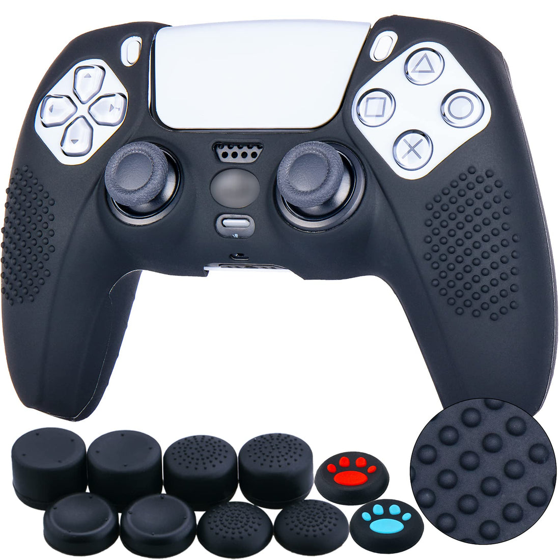 YoRHa Studded Silicone Rubber Gel Customizing Skin Cover for Sony PS5 Dualsense Controller x 1(Black) With Pro thumb grips x 10