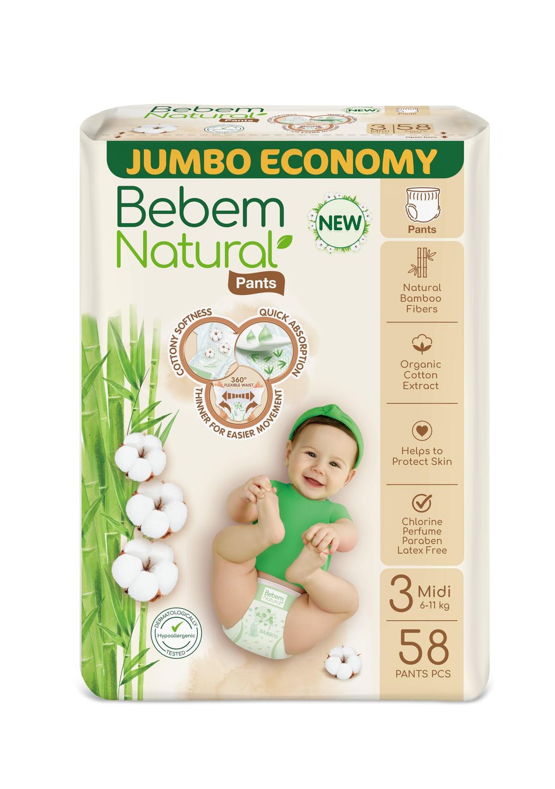 Bebem Natural Baby Diapers Pants Diapers Size 6,16+ KG, Jumbo Pack, 48 Units, Organic Cotton & Bamboo Fibers