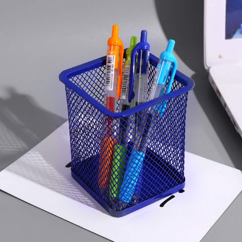 1 Pcs Metal Mesh Pen Pencil Holder, Office Supplies Pen Organizer Colorful Pencil Holder Desk Organizer Decoration Pen Pencil Cup (SQUARE-BLUE)