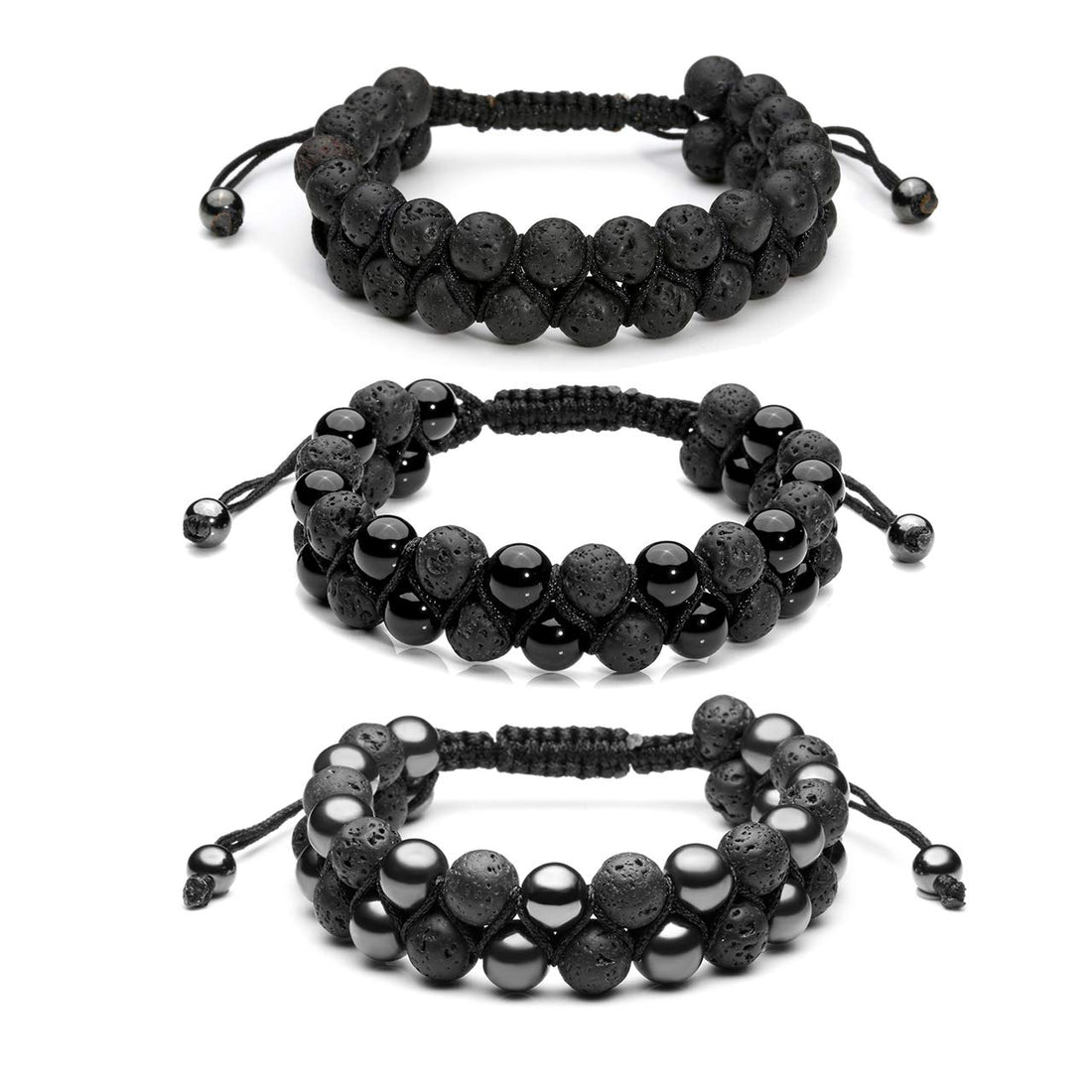 Top Plaza 3 Pcs Men Women 8mm Lava Rock Stone Aromatherapy Essential Oil Diffuser Bracelets Braided Rope Natural Stone Yoga Beads Bracelet - Lava Stone + Black Agate Onyx