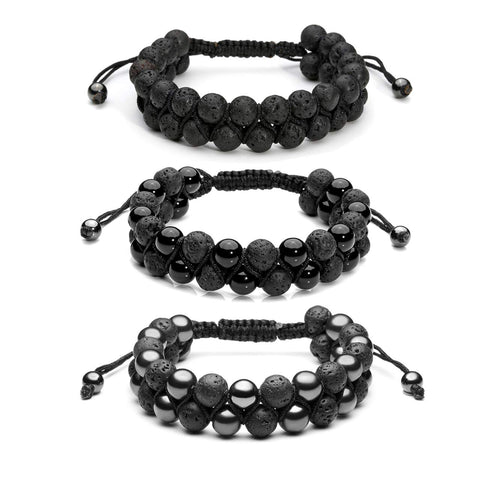 Top Plaza 3 Pcs Men Women 8mm Lava Rock Stone Aromatherapy Essential Oil Diffuser Bracelets Braided Rope Natural Stone Yoga Beads Bracelet - Lava Stone + Black Agate Onyx