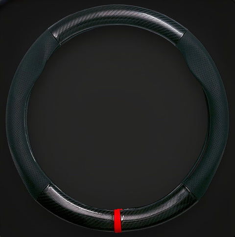 Car Steering Wheel Cover for Women and Men, Premium Carbon Fiber Leather Car Steering Wheel Cover, Fits Sedans, SUVs, Trucks, Round Design (Black - Red Stripe)