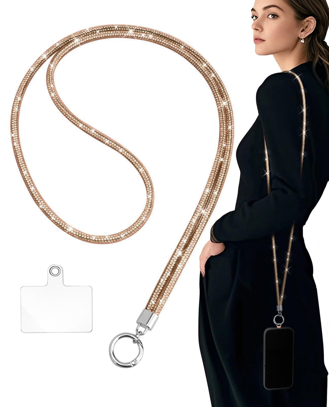 Dl3 Mobilak Universal Phone Lanyard Crossbody, Rhinestone Cell Phone Chain Anti-Theft with 1× Shiny Phone Strap, 1× Pad for Most Smartphones, Diamond Phone Neck Holder for Women