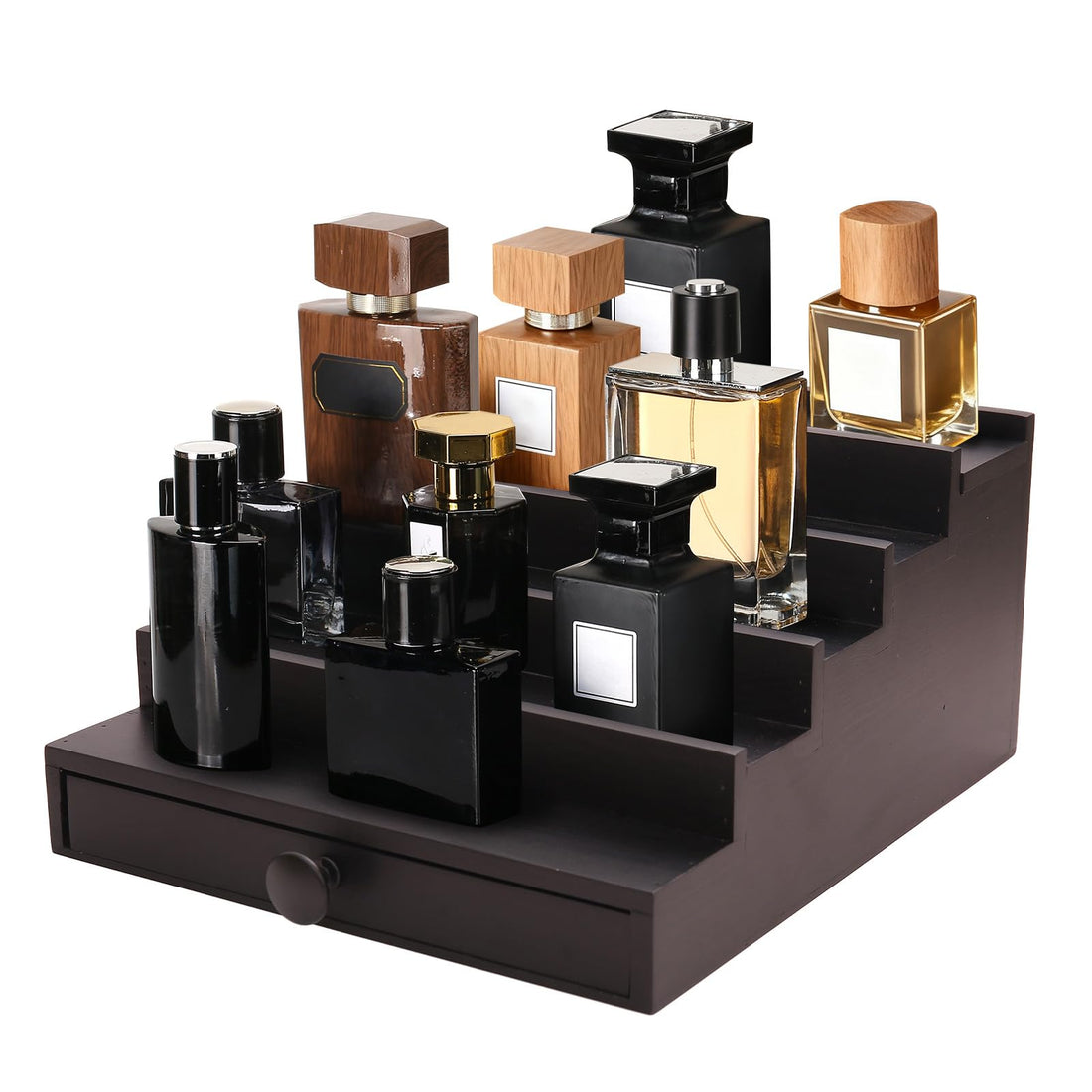 5 Tier Cologne Organizer for Men - Wooden Black Cologne Perfume Display Stand with Drawer and Hidden Compartment, Mens Cologne Holder Shelf for Organizing and Storing