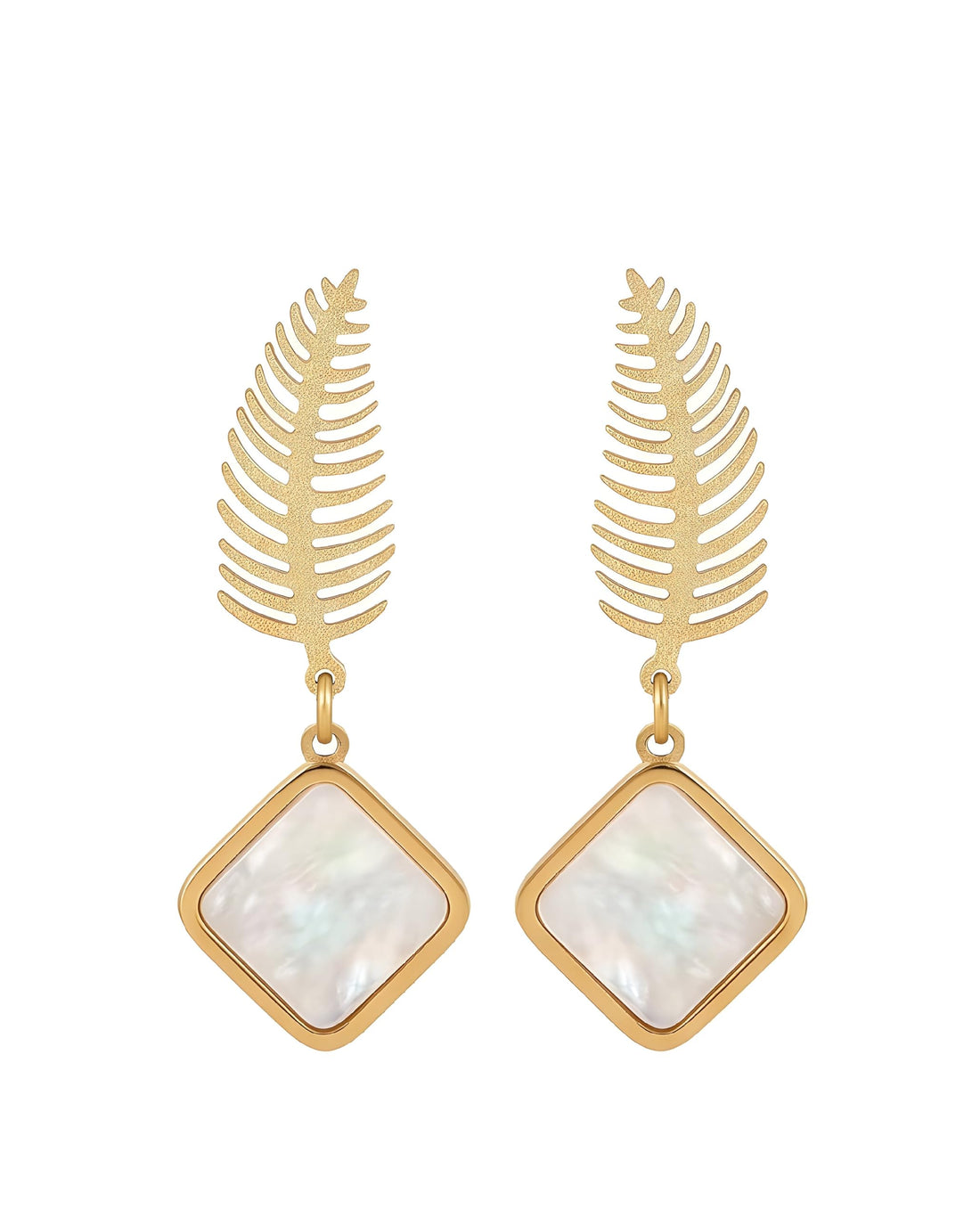 18K Gold Plated Fern Leaf Dangle Earrings, Black Geometric Square Drop Earrings for Women, Boho Tropical Jewelry