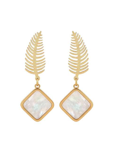 18K Gold Plated Fern Leaf Dangle Earrings, Black Geometric Square Drop Earrings for Women, Boho Tropical Jewelry