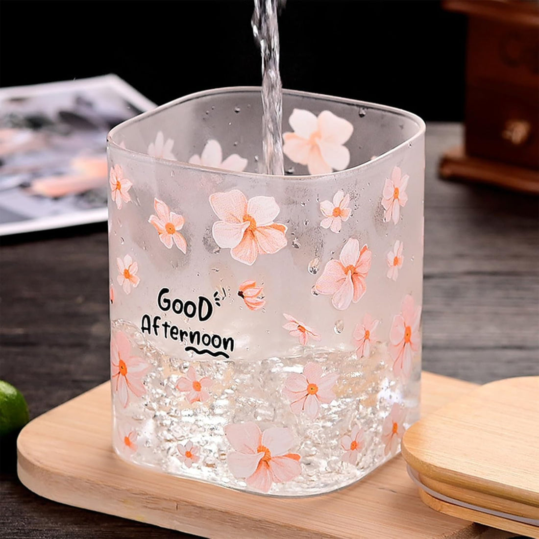Glass Storage Jar with Bamboo Lid, Pink Floral Pattern, Good Afternoon Design, 1200ml Capacity, 15.5cm Height