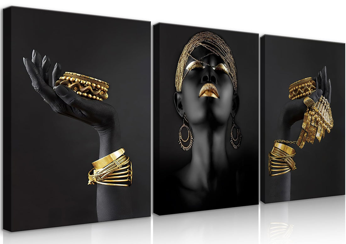 BJVJKSU Black Gold African American Woman Wall Art Fashion Black Girl Golden Jewellery Canvas Wall Decor Framed Elegant Black Woman Pictures Posters Girl Bedroom Living Room Home Painting(12x16in)