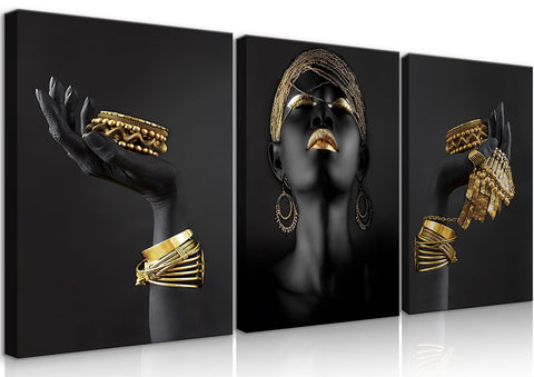 BJVJKSU Black Gold African American Woman Wall Art Fashion Black Girl Golden Jewellery Canvas Wall Decor Framed Elegant Black Woman Pictures Posters Girl Bedroom Living Room Home Painting(12x16in)