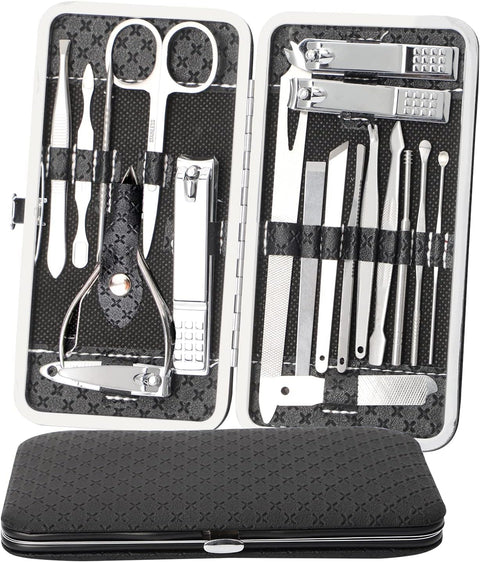 19 Pcs Professional Manicure Pedicure Set, Stainless Steel Eyebrow Nail Care Tools with Luxury Leather Travel Case