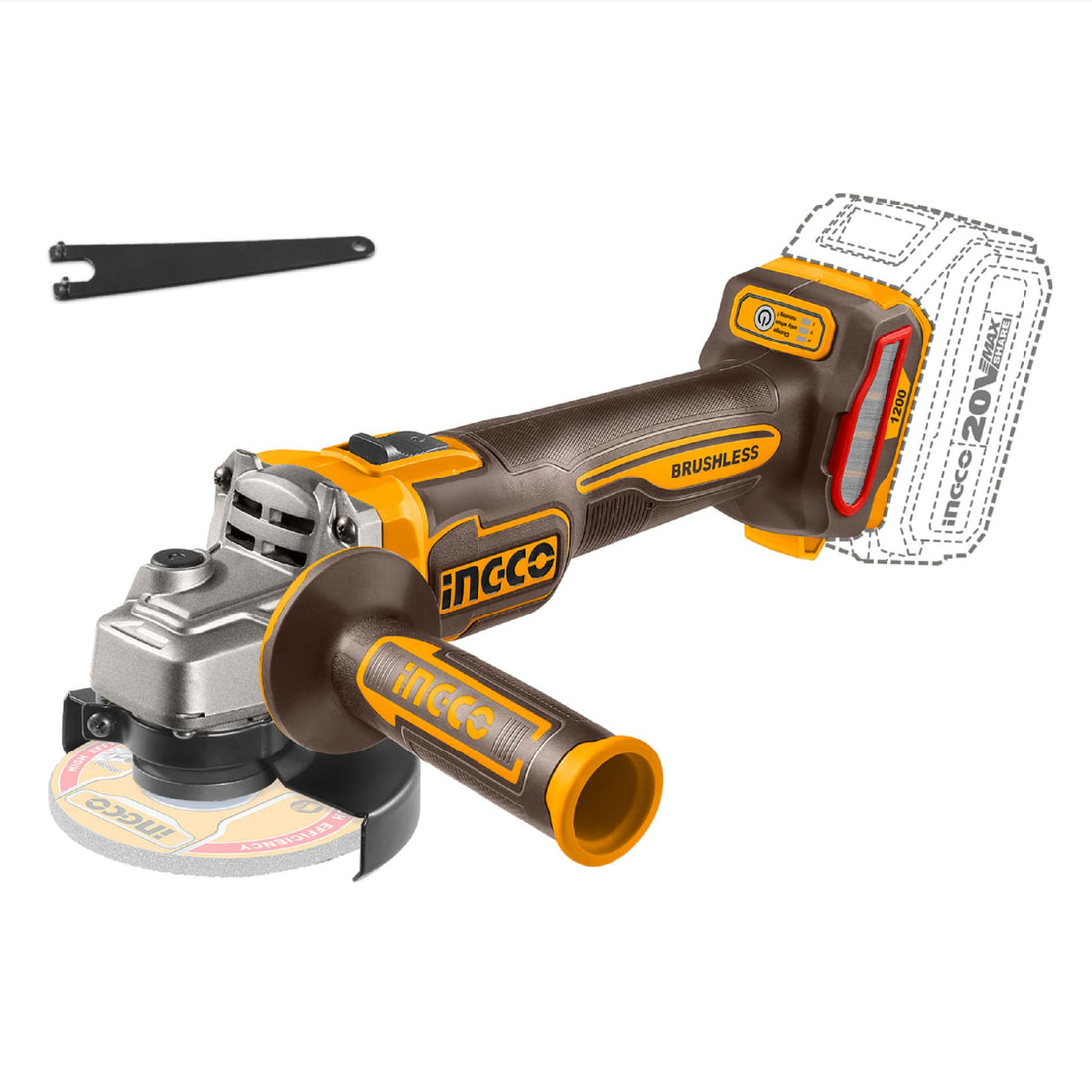 INGCO 20V Cordless Angle Grinder (Product Only) 125mm, 1200W, Brushless Motor, 3000/6000/9000 rpm for Cutting, Polishing and Sharpening CAGLI221253