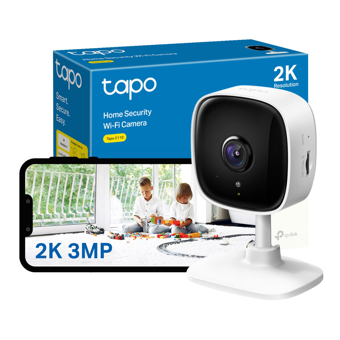 Tapo C110 2K 3MP Indoor Camera House Security, WiFi, No Monthly Fee, AI Detection, Dog Puppy, Baby Monitor, 2-way Talk, Advanced Night Vision, Works with Alexa & Google