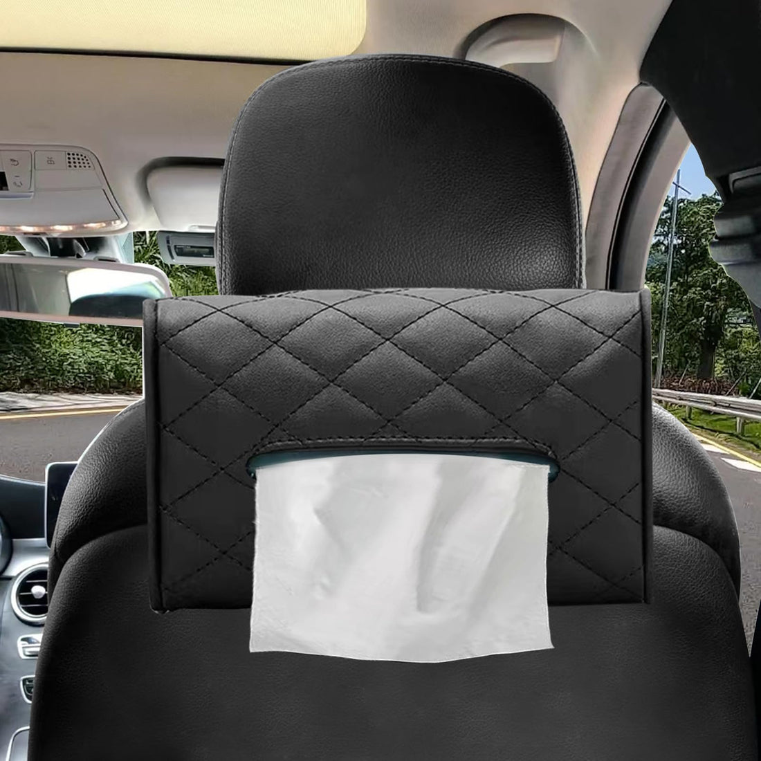 KEVWR 1 Pack Car Tissue Holder, Premium PU Leather Back Seat, Chair Back Hanging Organizer Box, Universal for Most Cars Napkin Box (Black)