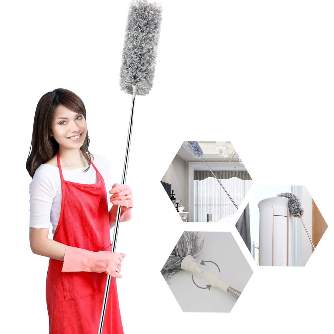 Barebeauty Dusters for Cleaning,Microfiber Gap Dust Cleaner with Extension Pole 30''to100'',Reusable Bendable Long Handle Feather Duster Kit for Cleaning High Ceiling Fan(Grey)