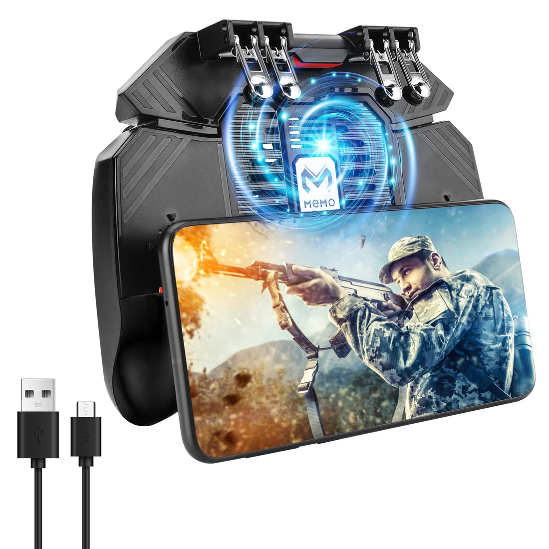 Wikay Mobile Game Controller 4 Triggers Phone Controller Gamepad with Cooling Fan 6 Finger Control L1R1 L2R2 Grip Joystick Mobile Gaming Controller 1200mAh for 4.7-6.5 in iPhone Android