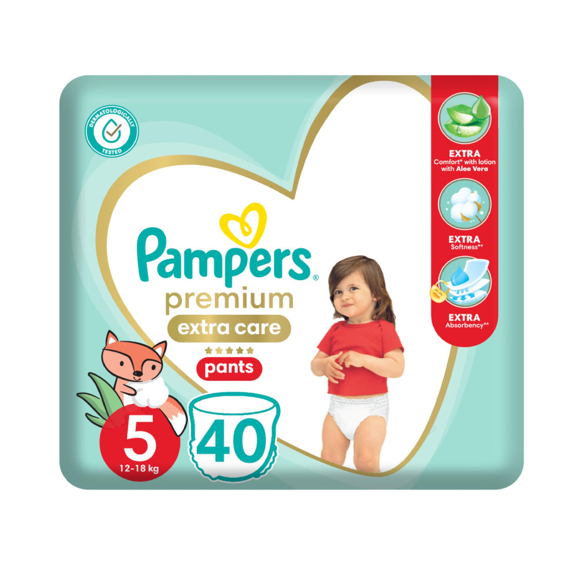 Pampers Premium EXTRA CARE Pants, Size 5, 12-18 Kg, with Lotion with Aloe Vera, 40 diapers.