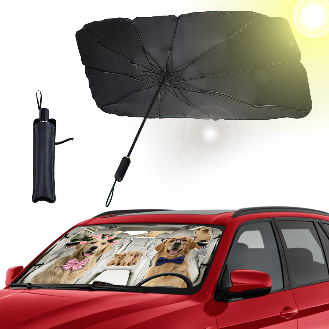 Umbrella Sunshades for Car, Funny Dogs Driving Car Windshield Sun Shade Umbrella for SUV Sedan Truck-Block UV Rays Reflector Umbrella with Storage Bag-55â€ x31â€