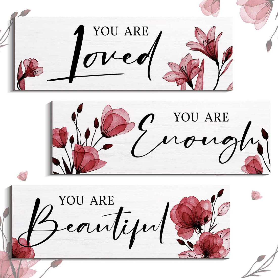3 Pieces Red Flower Wooden Wall Hanging Floral Wall Art Positive Quotes You are Loved Inspirational Word Sign Wall Art Decors for Teen Girls Women Room Bathroom
